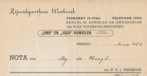 712220 Kop van een nota van Westbroek, Rijwielsporthuis, Handel in Rijwielen en Onderdelen, 1ste Klas ...